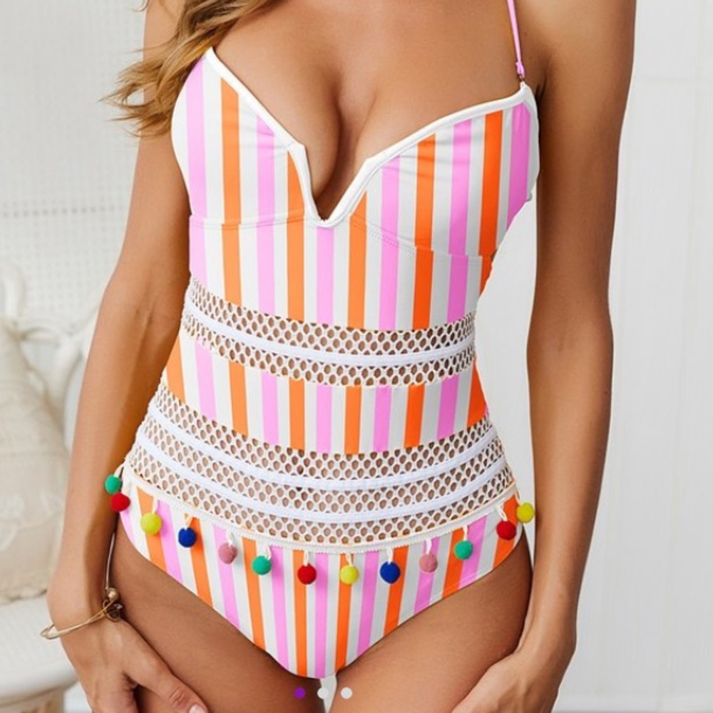 *BRAND NEW* multi-color stripe swimsuit w/ poms
